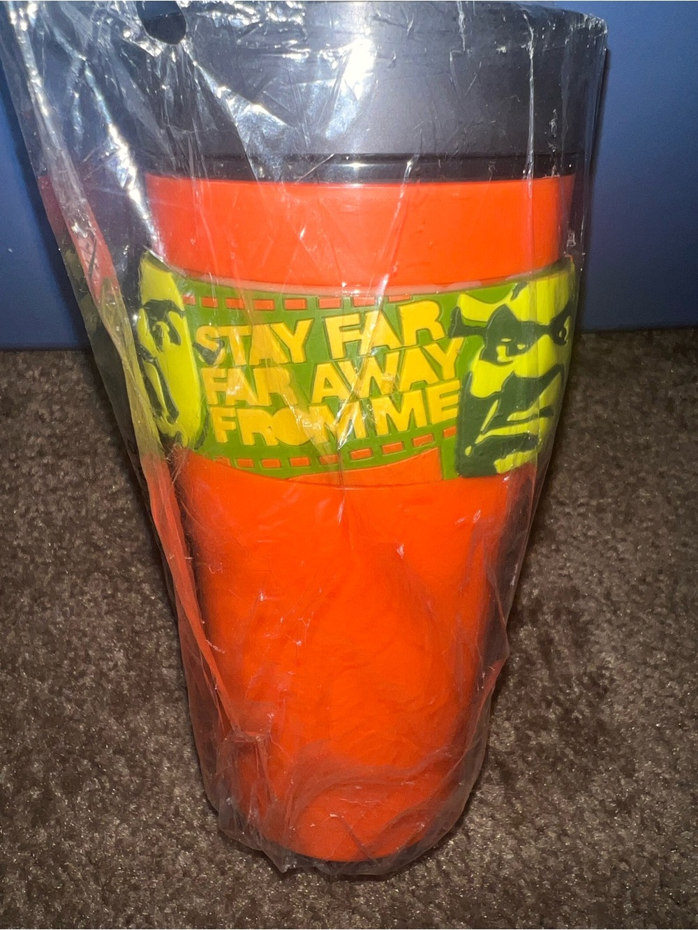 Orange Graphic Travel Tumbler with 'Stay Far Away From Me' Slogan
